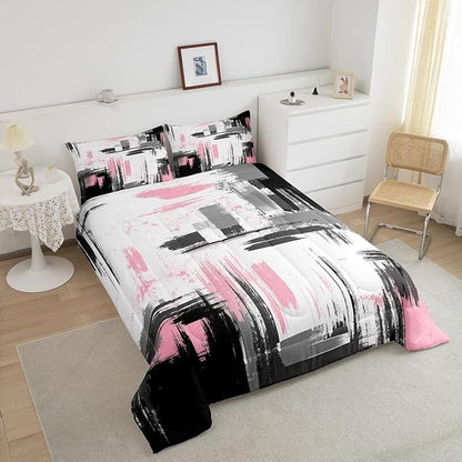 Feelyou Abstract Bedding Set Kids Modern Abstract Art Comforter Set Pink White Black Comforter for Boys Room Decor Lightweight Retro Duvet Set Toddler Size with 1 Pillow Case