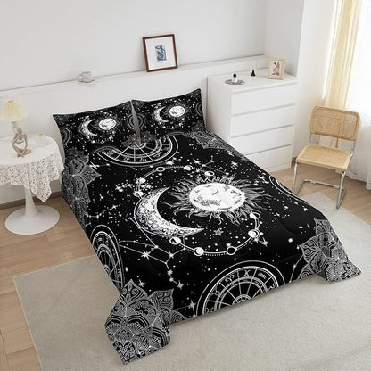 Sun and Moon Bedding Set Constellation Galaxy Comforter Set for Kids Boys Girls Teens Psychedelic Boho Mandala Comforter Breathable Celestial Duvet Set Black White Room Decor Quilt Cover Toddler Size