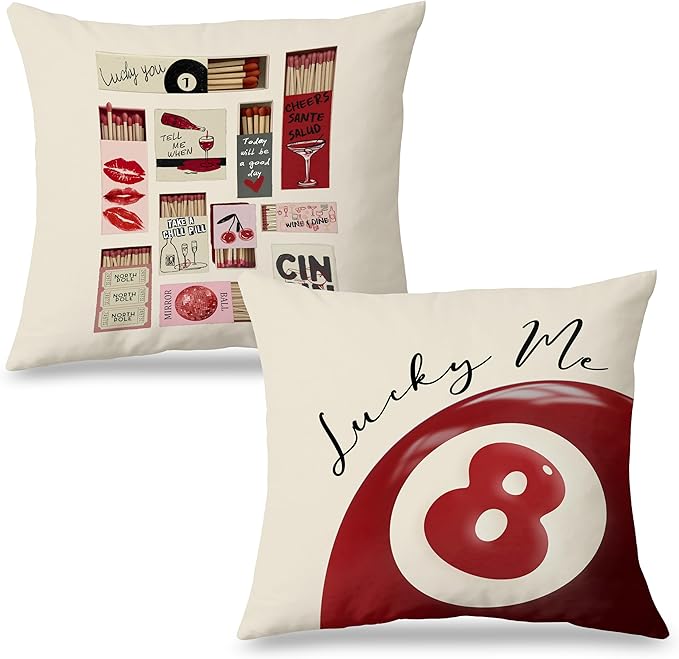 Trendy Lucky 8 Ball Pillow Covers 18x18 Set of 2, Retro Funky Red Billiards Decorative Throw Pillow Covers for Girls Room Bedroom Dorm Apartment Home