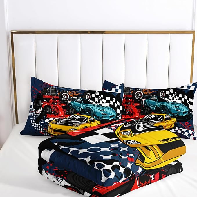 AILONEN Racing Car Comforter Set Queen Size, Cool Speed Race Car Bedding Sets for Kids Boys,Automobile Extreme Sport Duvet Set,Checkered Squares Quilt Set,3 Pieces,1 Quilt and 2 Pillowcases,Microfibre