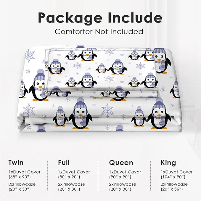 Penguin Bedding Set Cartoon Penguin Animal Theme Comforter Set Covers for Kids Teens Women Penguins Duvet Cover Bedroom Decor Soft Full Size Quilt Cover with 2 Pillowcases