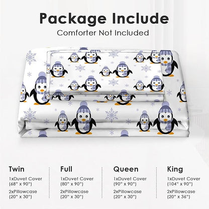 Penguin Bedding Set Cartoon Penguin Animal Theme Comforter Set Covers for Kids Teens Women Penguins Duvet Cover Bedroom Decor Soft Full Size Quilt Cover with 2 Pillowcases