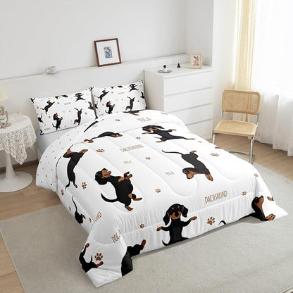 Feelyou Sausage Dog Bedding Set Boys Dachshund Comforter Set for Kids Teens Ultra Soft Puppy Dog Comforter Kawaii Pet Brown Duvet Set Room Decor Queen Size Quilt Set