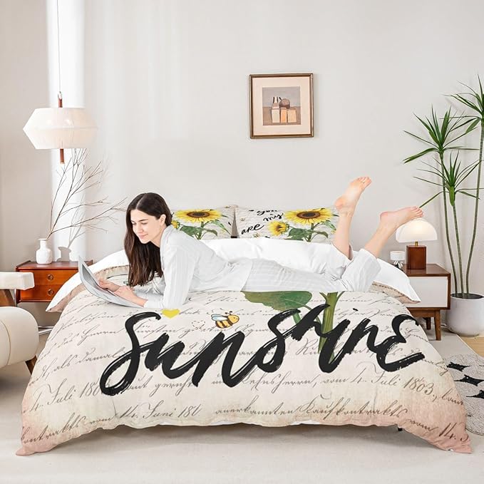Sunflower Bedding Set Twin Size,Black Sketch Sunshine Graffiti Duvet Cover Set 2pcs for Kids Teens Adults Home Room Decor,Rustic Farmhouse Bee Comforter Cover Nature Plants Animals Quilt Cover