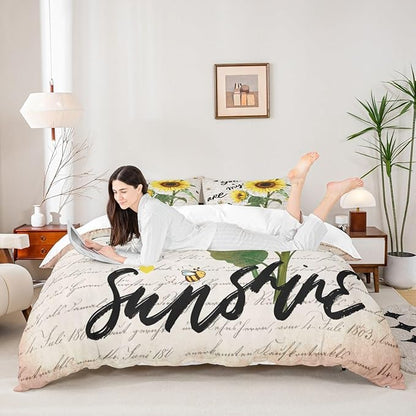 Sunflower Duvet Cover Set Queen Size,Rustic Farmhouse Bee Bedding Set 3pcs for Kids Teens Adults Home Room Decor,Black Sketch Sunshine Graffiti Comforter Cover Nature Plants Animals Quilt Cover