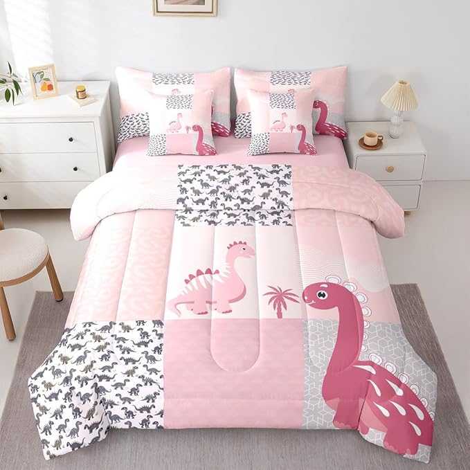 Feelyou Cute Dinosaur 7 Piece Bedding Set Pink Dinosaur Comforter Set with Sheets King Size for Kids Boys Girls Geometric Pattern Bed in a Bag Animal Theme Bed Set Soft Lightweight