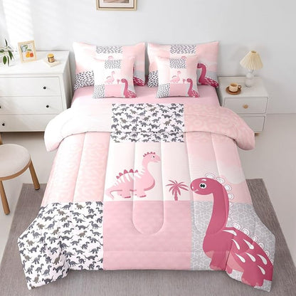 Feelyou Cute Dinosaur 7 Piece Bedding Set Pink Dinosaur Comforter Set with Sheets King Size for Kids Boys Girls Geometric Pattern Bed in a Bag Animal Theme Bed Set Soft Lightweight