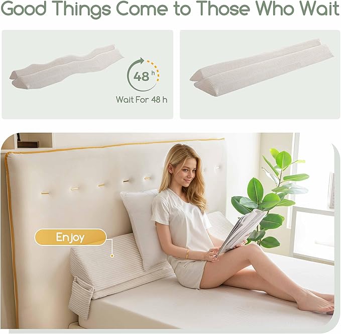 HIGOGOGO Queen Size Wedge Pillow for Headboard Gap - Multi Functional Mattress Wedge Bed Gap Filler Close The Gap (0-7") Between Your Mattress and Headboard or Wall (Beige 60"x11"x9")