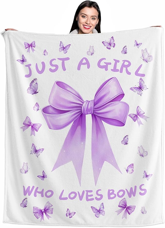 Bow Throw Blanket 60x50Inch Preppy Blanket Purple Bow Aesthetic Throw Blanket Coquette Flannel Soft Bow Plush Preppy Room Decor for Girls Women Birthday