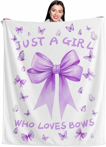 Bow Throw Blanket 60x50Inch Preppy Blanket Purple Bow Aesthetic Throw Blanket Coquette Flannel Soft Bow Plush Preppy Room Decor for Girls Women Birthday