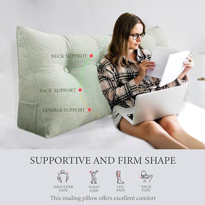 Headboard Pillow Wedge Queen Size Large Bolster Pillow for Bed Triangle Reading Pillow Back Support Pillow for Sitting Up in Bed XXL Couch Daybed Rest Backrest Cushion Linen Off White