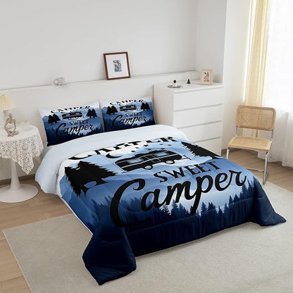Feelyou Camper Comforter Set Kids Farmhouse Happy Camping Bedding Set Queen Women Men Nature Travel Decor Comforter Ultra Soft Microfiber Rustic Camper Van Quilted Set Bedroom Comforter Inner Fill