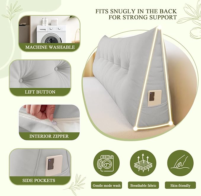 Headboard Pillow Queen, Large Triangular Wedge Headboard Pillow for Reading and Resting, Backrest Positioning Support Pillow with Removable Cover (Light Grey)