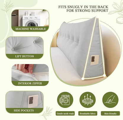 Headboard Pillow Queen, Large Triangular Wedge Headboard Pillow for Reading and Resting, Backrest Positioning Support Pillow with Removable Cover (Light Grey)