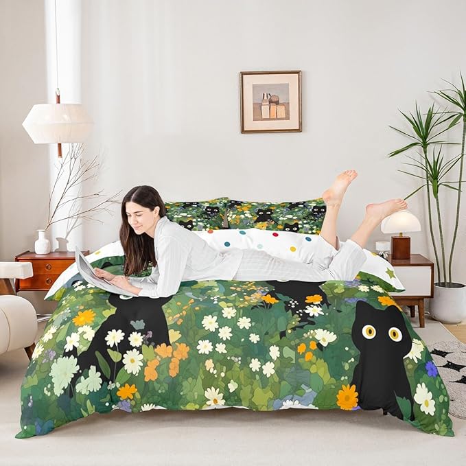 Cute Cats Duvet Cover Set King Size,Watercolor Flowers Green Leaves Plant Reversible Quilt Cover with 2 Pillowcases,Black Kawaii Animal Oil Painting Microfiber Comforter Cover (Not Comforter)