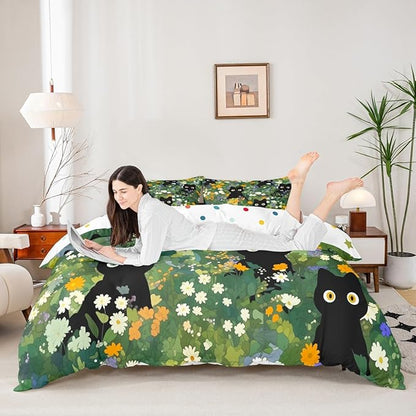 Cute Cats Duvet Cover Set King Size,Watercolor Flowers Green Leaves Plant Reversible Quilt Cover with 2 Pillowcases,Black Kawaii Animal Oil Painting Microfiber Comforter Cover (Not Comforter)