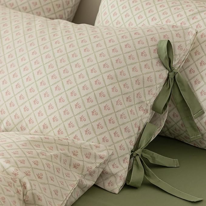 AOJIM Exquisite Kids Adults Duvet Cover Set with Plaid and Pink Floral Pattern, 100% Cotton Bedding Comforter Cover 3pcs, 1 Twin Size Quilt Cover 68x86 and 2 Pillowcases 20x26 with Bow Ties,No Quilt