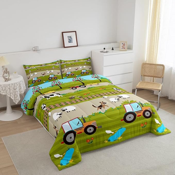 Feelyou Tractor Bedding Sets for Boys Twin Size, Toddler Kids Cute Cartoon Farm Animals Comforter Set Happy Farmhouse Country Warm Cozy Comforter for All Season Room Decor