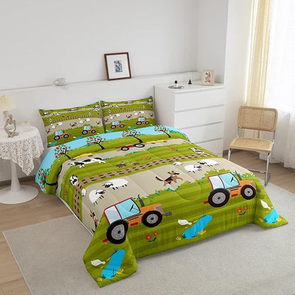 Feelyou Tractor Bedding Sets for Boys Queen Size, Kids Cute Cartoon Farm Animals Comforter Set Happy Farmhouse Country Warm Cozy Comforter for All Season Room Decor Boys