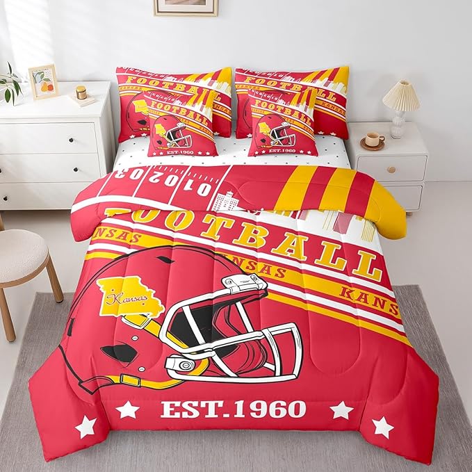 Football Lovers Full Bedding Sets, Football Sports Decor Comforter Set Red And Yellow Football Rugby Helmet Comforter + Flat Sheet + Fitted Sheet + 2 Pillowcases + 2 Throw Pillow Covers (Kansas)