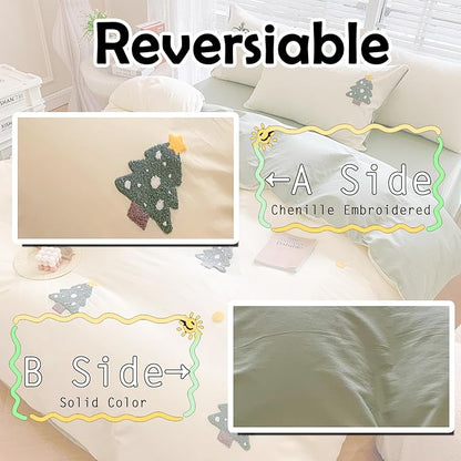 MorroMorn Twin Duvet Cover Cotton, 3D Embroidery Twin Bedding Sets, Green Chenille Embroidered Comforter Covers Soft Breathable Sweat-Absorb for Girls Boys Kids Teen (Christmas Tree, Twin/Twin XL)