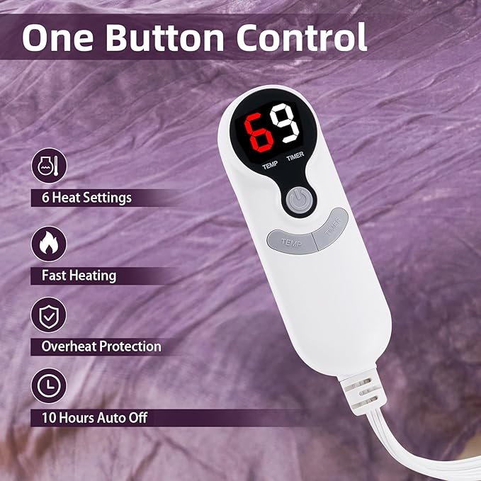 Electric Heated Blanket Twin Size 62"x84", Large Oversized Cozy Soft Flannel, 6 Heating Levels & 10 Hours Auto Off, Machine Washable, Home Office Use, Purple