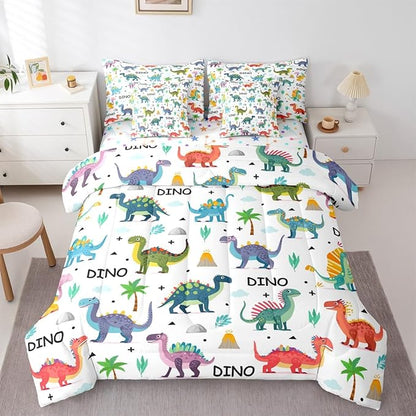 Feelyou Kids Cartoon Dinosaur 7 Piece Bedding Set Colorful Dinosaur Comforter Set with Sheets for Boys Girls Jungle Dino Bed in a Bag Animal Theme Bed Set Soft Lightweight