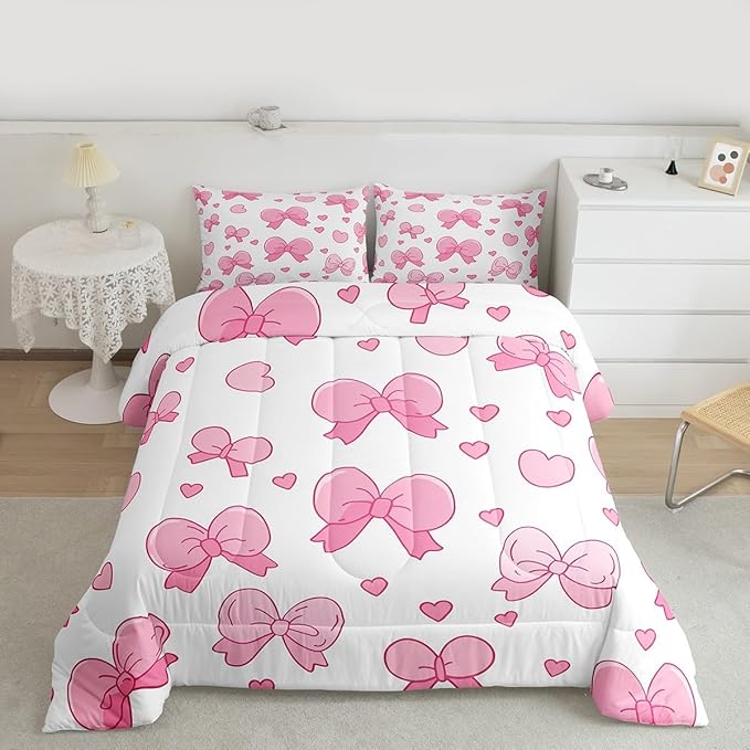 jejeloiu Pink Bowknot Comforter Set Queen Size Cartoon Bow Bedding Set for Kids Boys Girls Cute Love Heart Duvet Quilt White Pink Bedroom Decor Microfiber 3 Pcs with 2 Pillow Cases