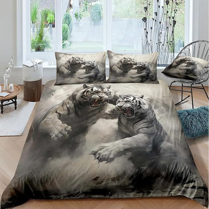 Tiger Bed Duvet Cover Sets Queen Size with 2 Pillowcases for Kids Boys Teens Adult Bedroom Decor, Animal Petal Country Bedding Decor