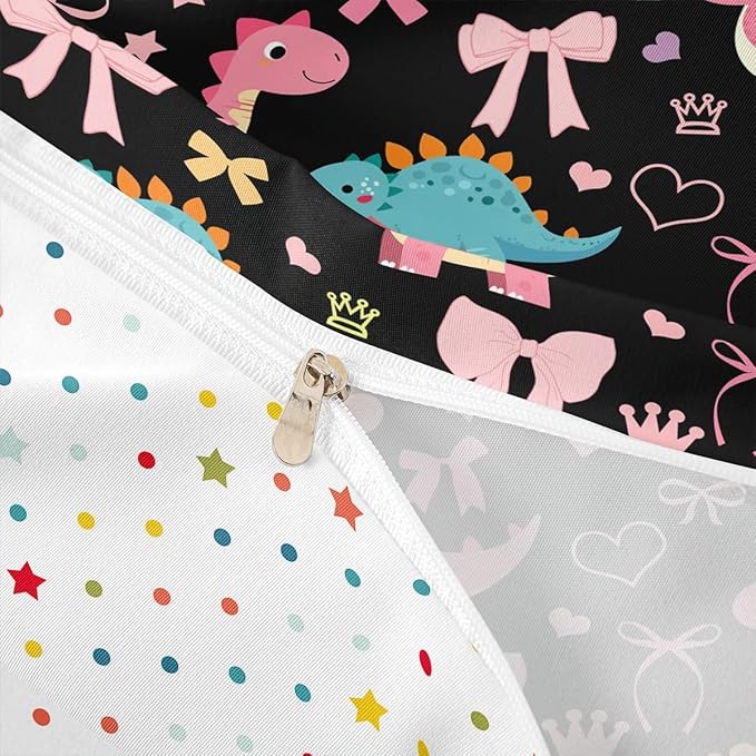 Cute Dino Duvet Cover Queen Size,Kawaii Bowknot Heart Princess Style Polyester Reversible Bedding Set (Not Comforter),Pink Black Dinosaur Cartoon Animal Comforter Cover for Bedroom, Zipper, Ties