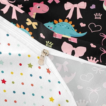 Cute Dino Duvet Cover Set Toddler Size,Kawaii Bowknot Heart Princess Style Reversible Quilt Cover for Kids Boys Girls Pink Black Dinosaur Cartoon Animal Bedding Set with 1 Pillowcase,No Comforter