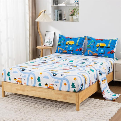 Holawakaka Trucks Excavator Cars Boy Bedding Comforter Set with Sheets, Twin Size Cartoon Construction Car Tractors Print Kids Bed in A Bag 5-Piece, Boys Reversible Dorm Bed Sets (Blue Twin)