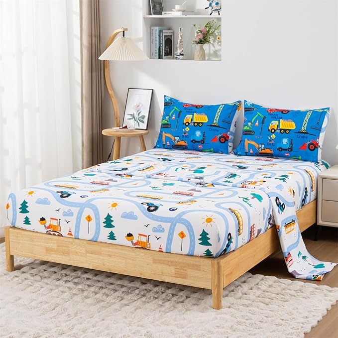 Holawakaka Trucks Excavator Cars Boy Bedding Comforter Set with Sheets, Full Size Cartoon Construction Car Tractor Print Kids Bed in A Bag 5-Piece, Boys Reversible Dorm Bed Sets (Blue Full)