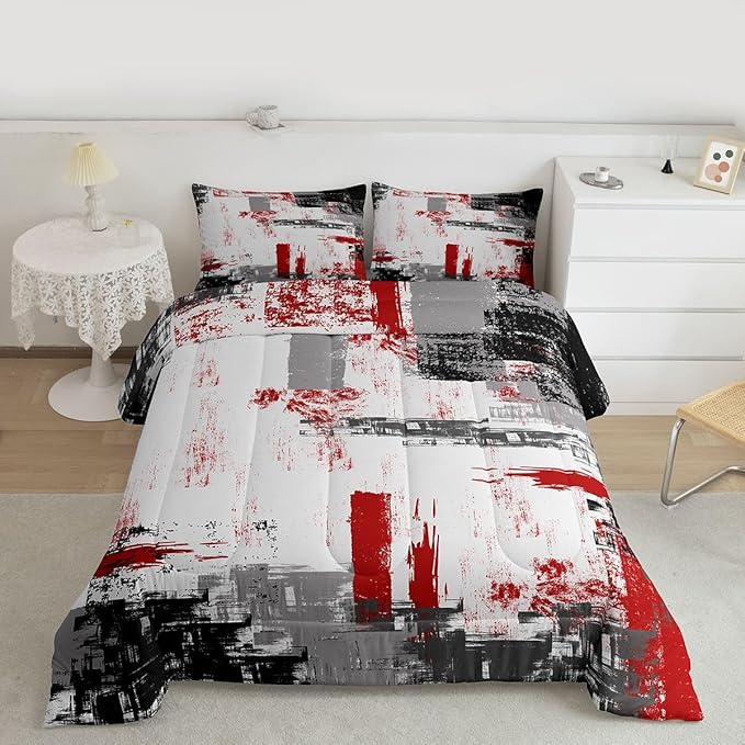 Feelyou Abstract Comforter Modern Abstract Art Comforter Set for Boys Girls Children Red Grey Black Pattern Bedding Set Room Decor King Size Duvet Set 3Pcs