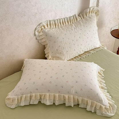 BuLuTu Vintage Lace Ruffled Duvet Cover Set King, Cottagecore Floral Princess Bedding Set, Soft Muslin Cotton Garden Botanical Comforter Cover with Zipper Closure, Romantic Bedroom Decor