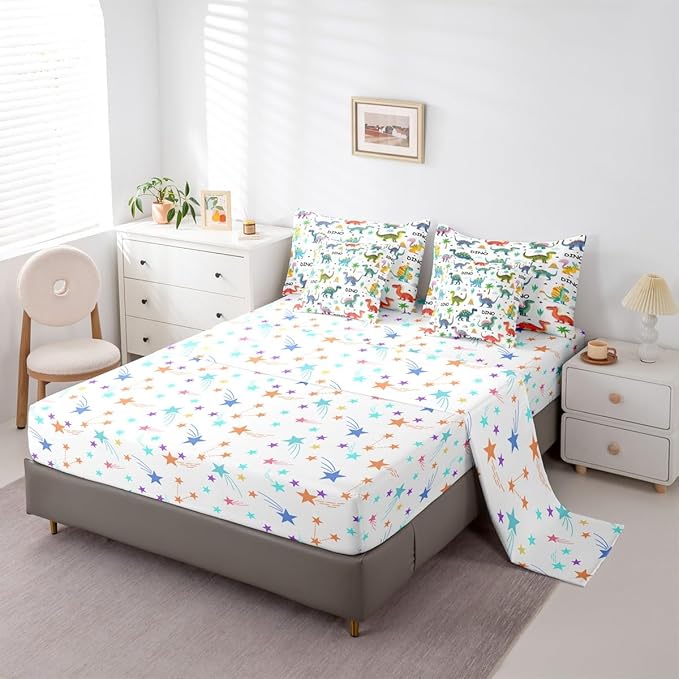 Feelyou Kids Cartoon Dinosaur 7 Piece Bedding Set Colorful Dinosaur Comforter Set with Sheets for Boys Girls Jungle Dino Bed in a Bag Animal Theme Bed Set Soft Lightweight
