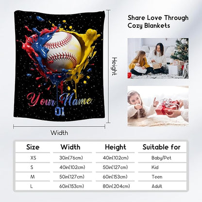 Personalized Baseball Blanket, Custom Baseball Gifts for Kids Boys Men, Sport Throw Blankets for Adults Team Player, Soft Flannel Throws Gift Home Decor (Colorful, 30x40 Inch)