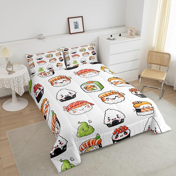Feelyou Sushi Pattern Comforter Set Japanese-Style Bedding Set for Kids Boys Girls Teens Food Theme Comforter Cute Cartoon Japanese Sushi Duvet Set Room Decor Quilt Set Toddler Size Microfiber