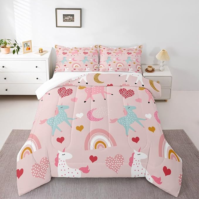 Feelyou Girls Unicorn Comforter Set Queen Size Kids Cute Pink Rainbow Horse Decor Comforter for Unicorn Lover Daughter Bedding Set Boho Star Moon Duvet Set (1 Comforter + 2 Pillowcases, Queen)