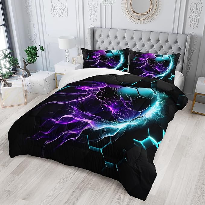 Soccer Print Themed Comforter 3Pcs Queen Gaming Sport Soccer Grid Bedding Set for Kid Teen Girl Boy Adult Balls Sports Games Blue Light Football Quilt Decor with 1 Comforter and 2 Pillowcases