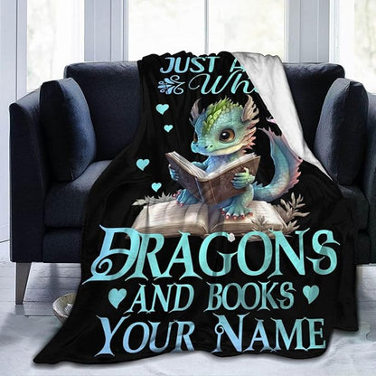 Custom Dragon Blanket with Name for Boys Girls, Personalized Cute Dragon Themed Design Printed Throw Blankets for Kids Lap, Chair Sofa, Giftable Blanket, 40"x 50"