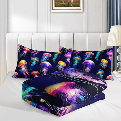 Beach Bedding Colorful Jellyfish Print Full Size Comforter Set,Glowing Jellyfish Comforter Set for Kids Girls Boys Room Decor,Ocean Underwater Animal Bedding Set with 2 Pillowcases.