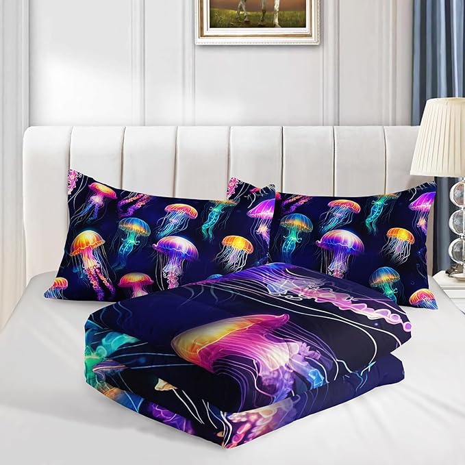 Beach Bedding Colorful Jellyfish Print Queen Size Comforter Set,Glowing Jellyfish Comforter Set for Kids Girls Boys Room Decor,Ocean Underwater Animal Bedding Set with 2 Pillowcases.