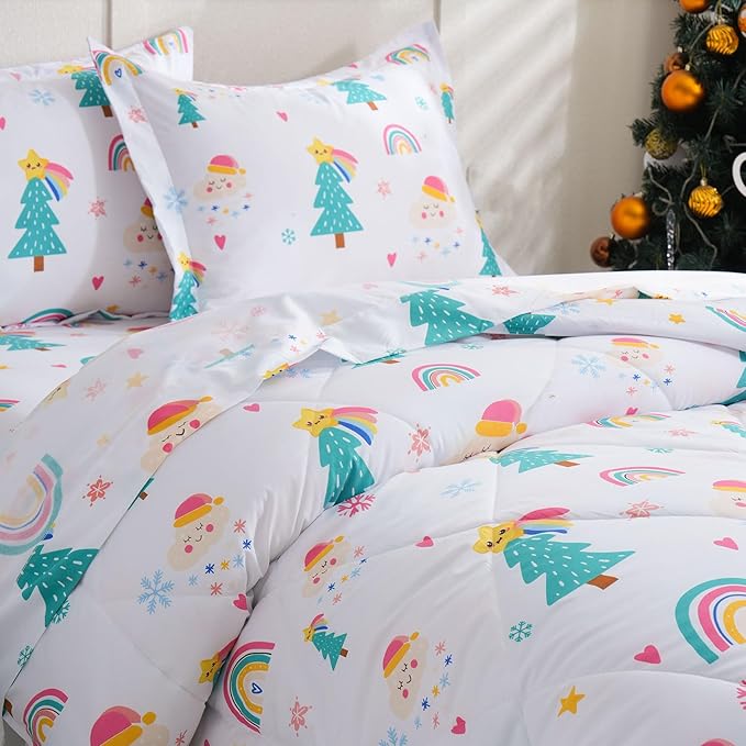 JSD Christmas Kids Comforter Set Queen Size, 3 Piece Rainbow Tree Microfiber Bedding for Boys Girls Lightweight Machine Washable