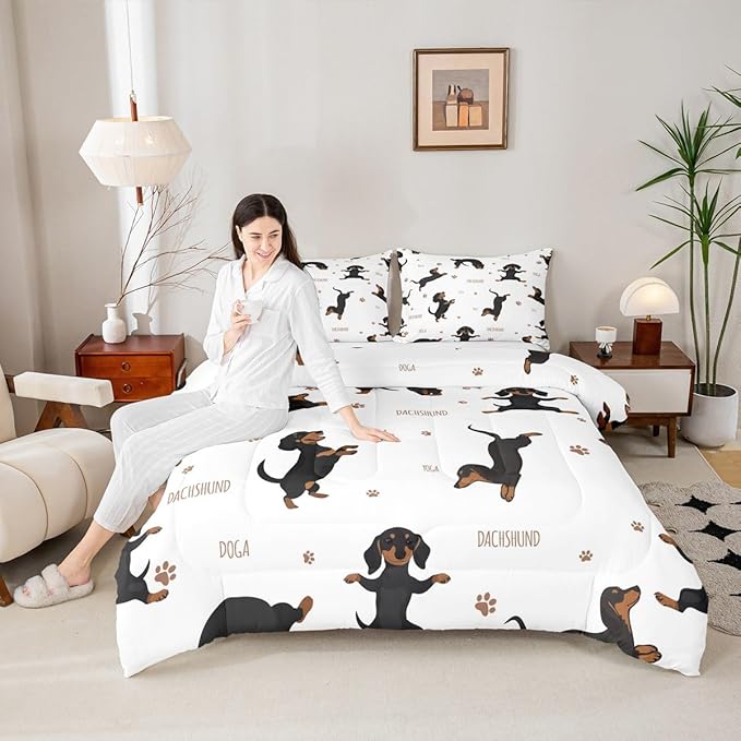 Feelyou Sausage Dog Bedding Set Boys Dachshund Comforter Set for Kids Teens Soft Puppy Dog Comforter Kawaii Pet Brown Duvet Set Room Decor King Size Quilt Boys