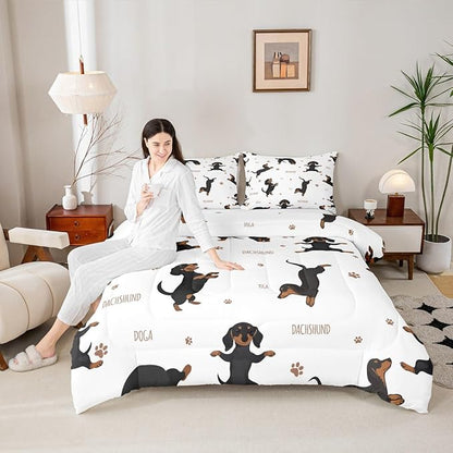 Feelyou Sausage Dog Bedding Set Boys Dachshund Comforter Set for Kids Teens Soft Puppy Dog Comforter Kawaii Pet Brown Duvet Set Room Decor King Size Quilt Boys