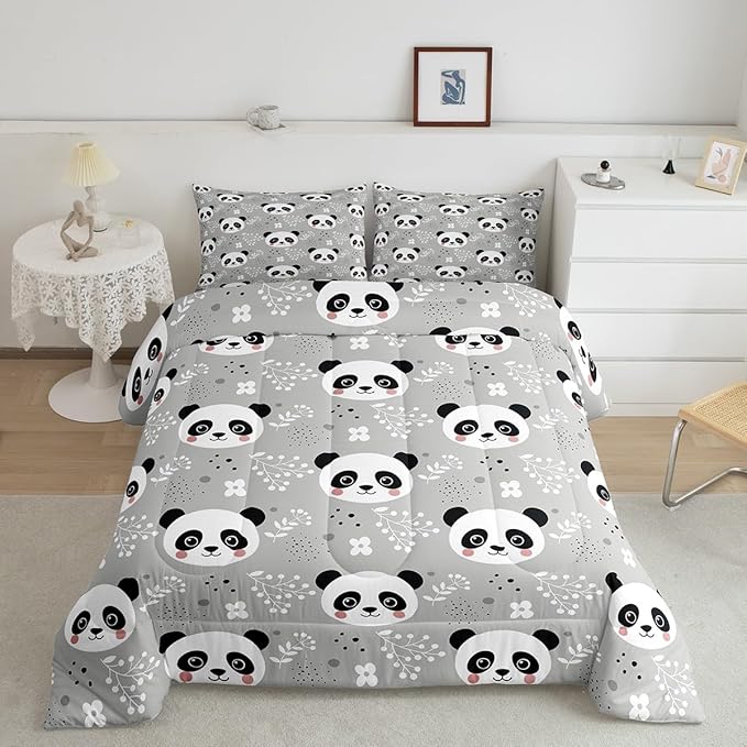 Kawaii Panda Comforter Set Full Size Cartoon Animal Bedding Set Bedroom Decor Watercolor Leaves Botanical Quilt Set for Kids Boys Girls Cute Pandas Duvet Insert 3Pcs