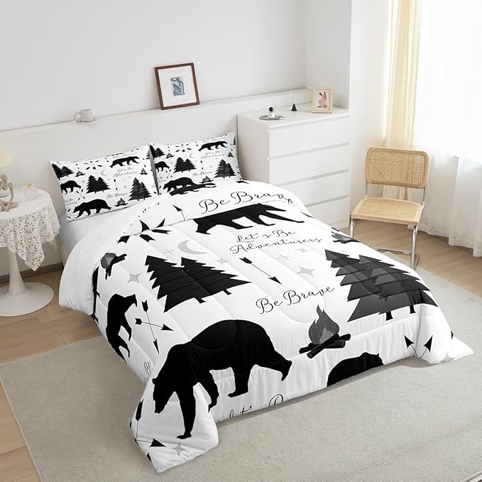 Camping Adventure Bear Comforter Set Full Size,Hunt Animals Bedding Set for Kids Boys Men Adult Cabin Room Decor,Cartoon Pine Campfire Arrow Star Moon Quilt Set Black White Duvet Insert 3Pcs