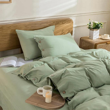 JELLYMONI Cotton Duvet Cover King Size - Light Green Comforter Cover with Button 100% Washed Cotton 3PCS Breathable Soft Solid Bedding Set Duvet Cover 104×90in & 2 Pillowcases (NO Comforter)