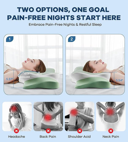 Cervical Pillow for Neck Pain Relief, Cooling Ergonomic Memory Foam Pillow with Ice Silk Pillowcase, Dual-Height Orthopedic Contour Support Pillow for Side,Back,Stomach Sleepers, CertiPUR-US Certified